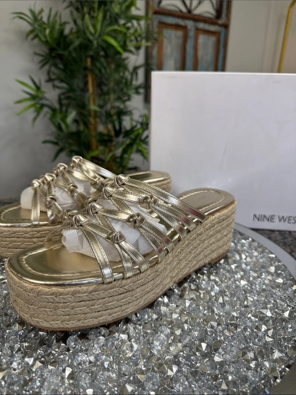 Nine West Metallic Gold Braided Espadrille Platform Slides NEW 8
